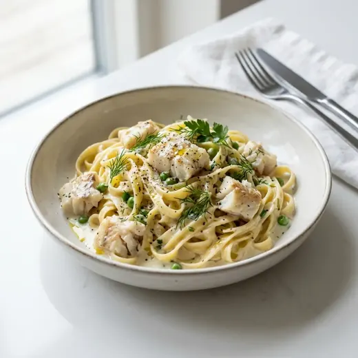 Makaron z białą rybą i śmietaną