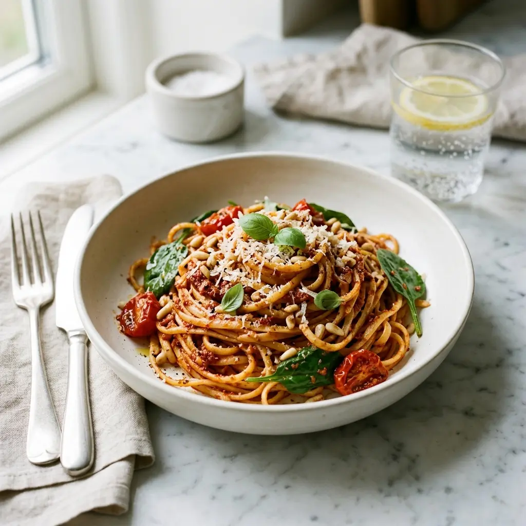 Makaron z czerwonym pesto