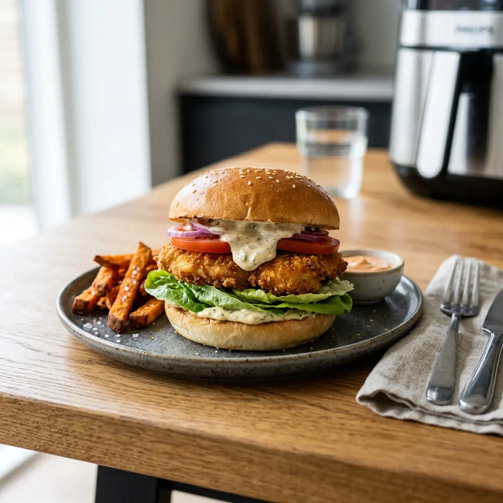 Burger z kurczaka z frytkownicy beztłuszczowej
